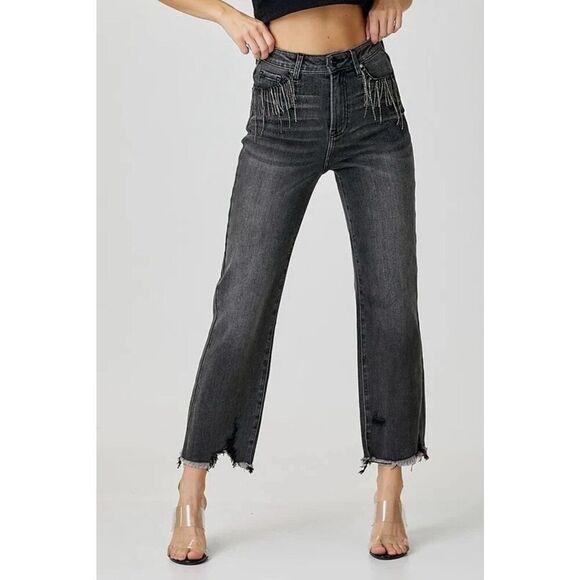 Risen Jeans High Rise Ankle Stretch Rhinestone Embellish Fray Hem Black Gray 32 - Picture 1 of 16